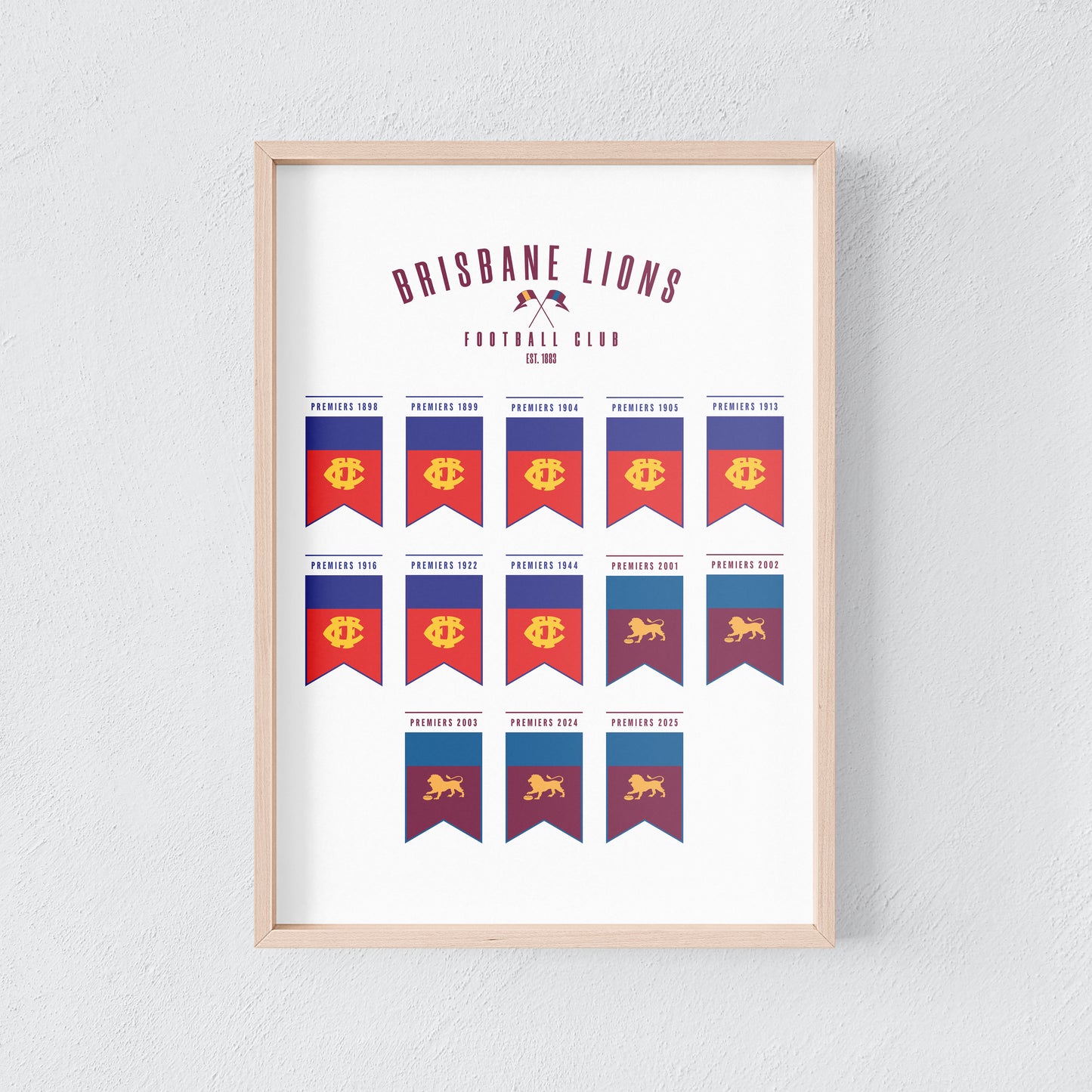 Brisbane Lions/Fitzroy Premiership Flag Poster AFL VFL Premiers Wall Art Print